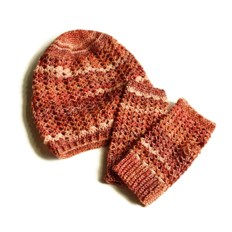 Womens Hat and Fingerless Gloves set in Warm Brown Tones