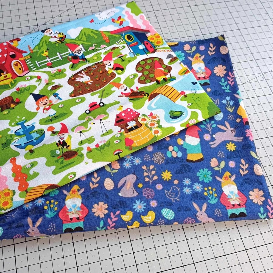 Fabric Remnants - kids theme quilting cotton - Garden Gnomes and Bunnies