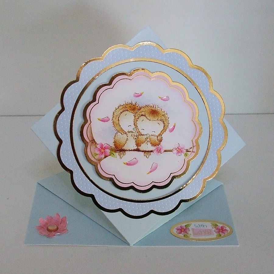 Handmade Shaped Card, Romantic Owls, Suitable for Valentines, Weddings etc.