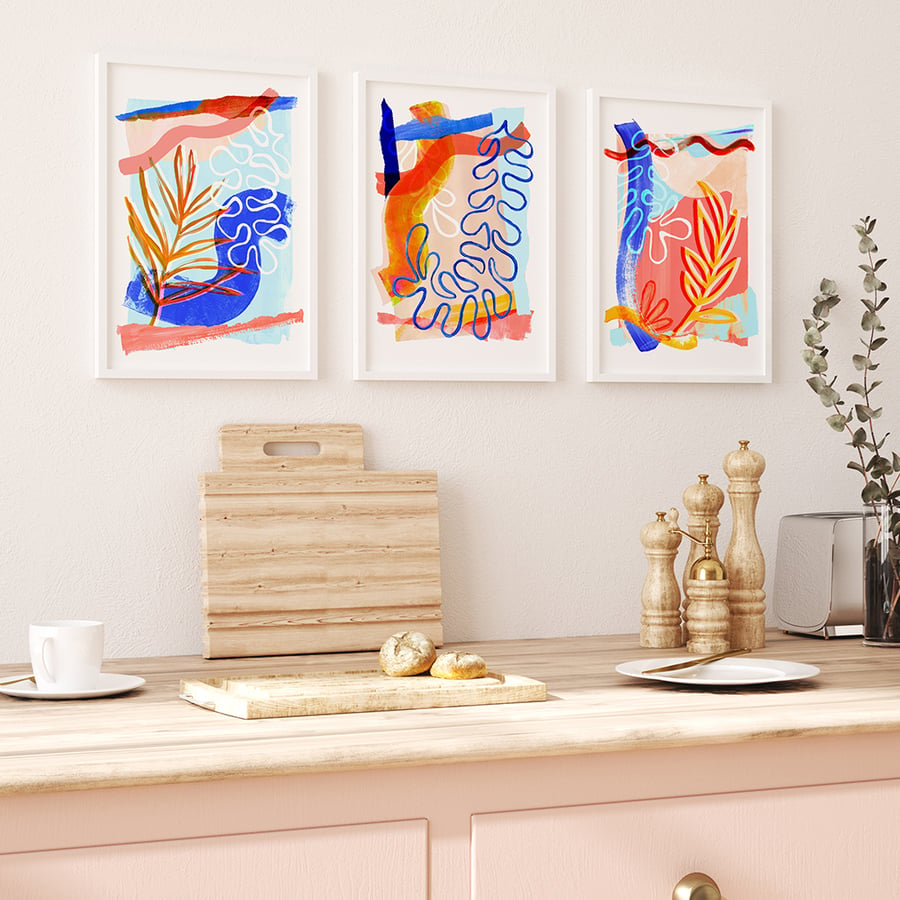 Blue and Orange Abstract Leaf Wall Art Set