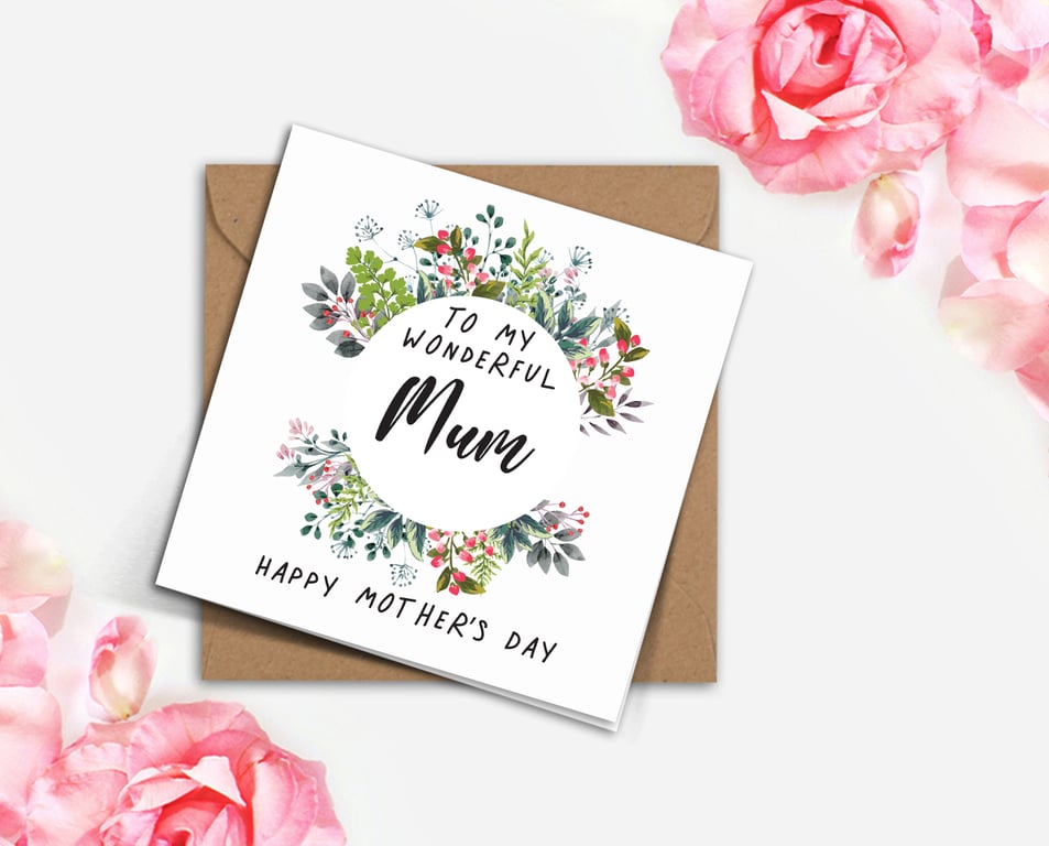  Wild flowers foliage wreath MOTHERS DAY card to my wonderful MUM, Mam Nan Nanna