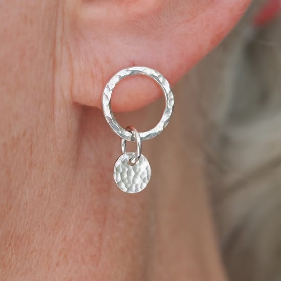 Hammed Silver Hoop Ring Stud Earrings, Silver Disc Argentium Studs