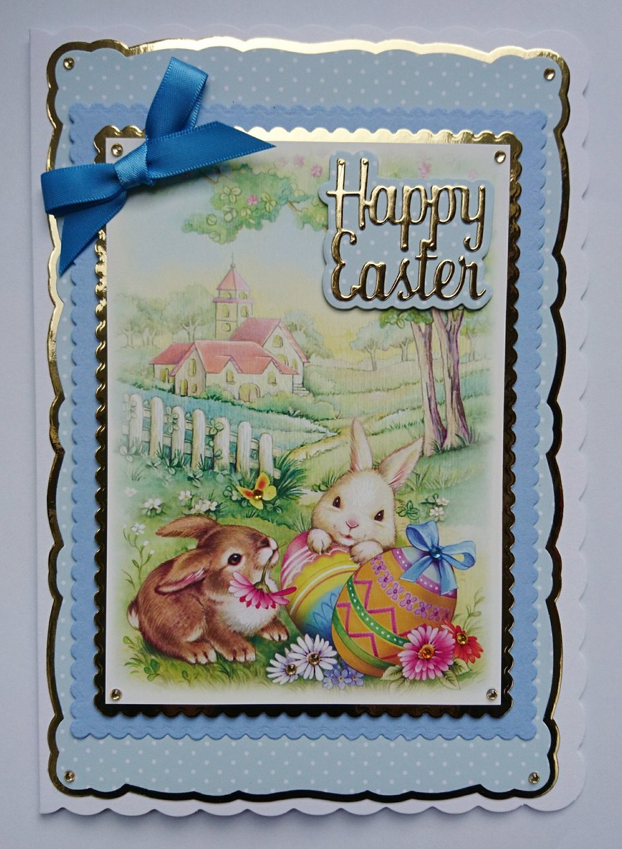 Happy Easter Card Bunnies Village Church and Easter Eggs