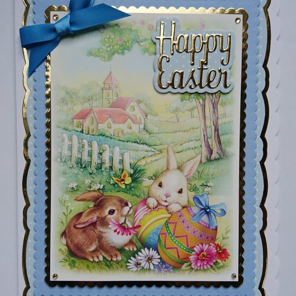 Happy Easter Card Bunnies Village Church and Easter Eggs