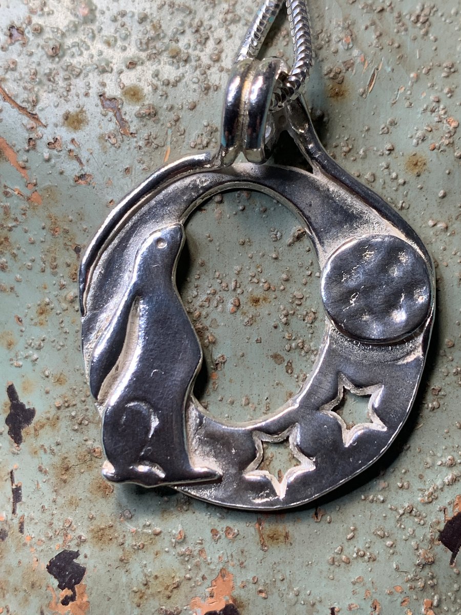 Handmade Fine Silver Moon Gazing Hare Pendant,  with sterling silver chain