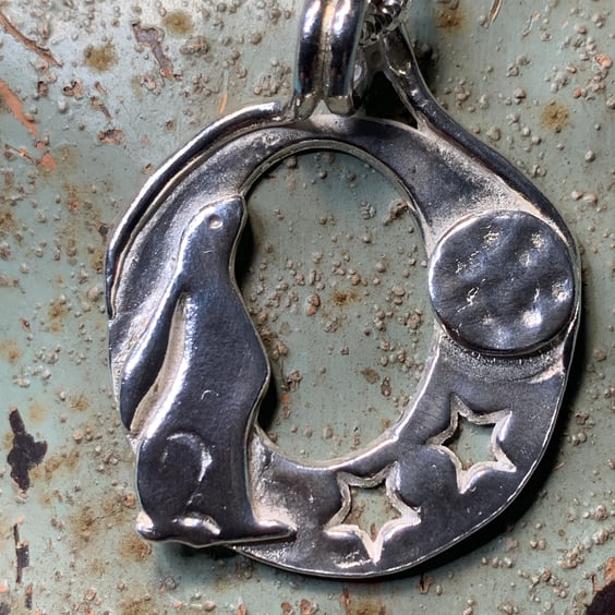 Handmade Fine Silver Moon Gazing Hare Pendant,  with sterling silver chain