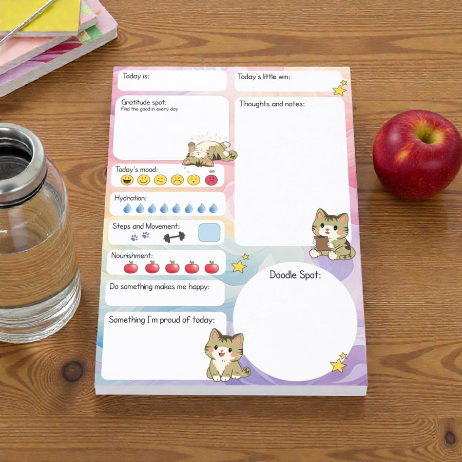 Cat Daily Wellness Journal Pad Pastel Habit Tracker Notepad Gratitude Self Care 