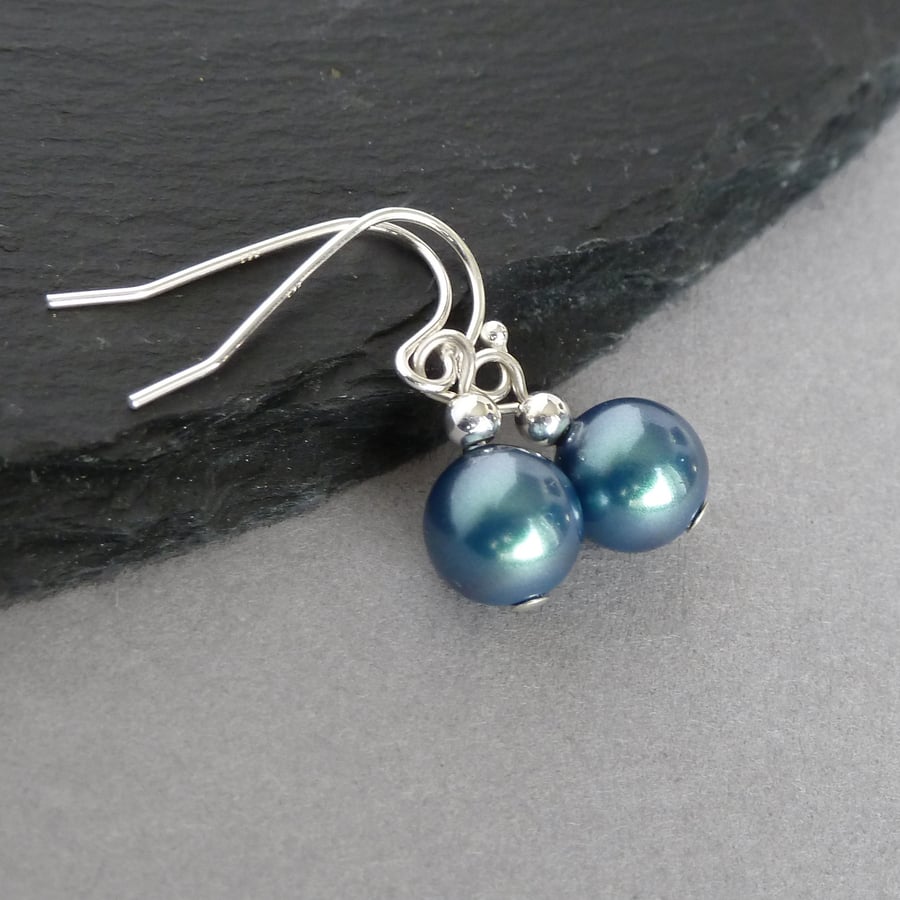 Dark Green Pearl Drop Earrings - Teal Dangle Earring - Emerald Wedding Jewellery