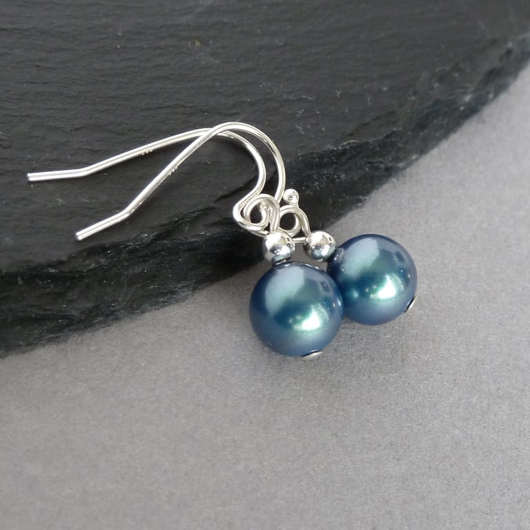 Dark Green Pearl Drop Earrings - Teal Dangle Earring - Emerald Wedding Jewellery