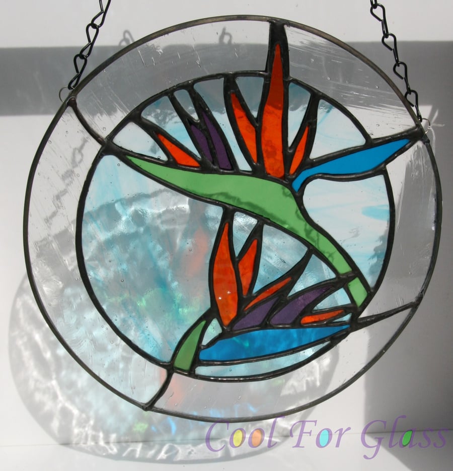 Bird of Paradise stained glass round hanging sun catcher