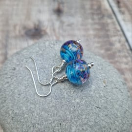 Sterling Silver Blue and Purple Swirly Lampwork Earrings