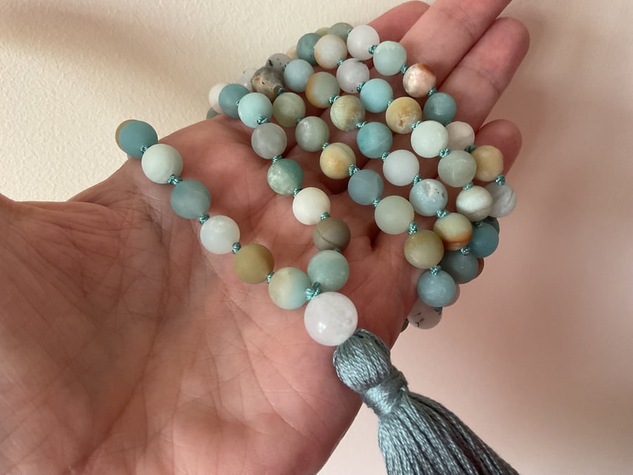 Amazonite and Quartz hand knotted long tassel (108 bead) necklace 8mm beads
