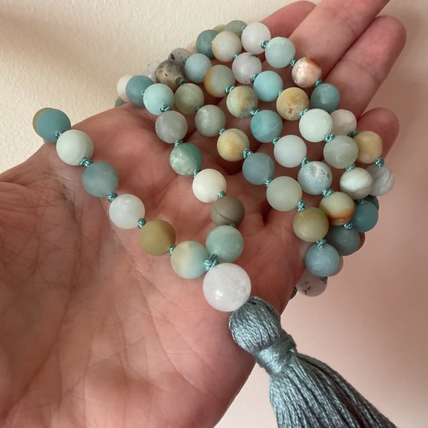 Amazonite and Quartz hand knotted long tassel (108 bead) necklace 8mm beads