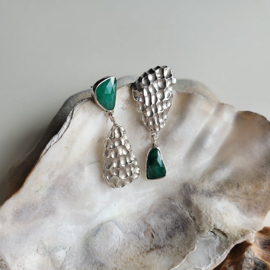 Emerald and Oyster Shell Earrings, Silver Mismatched Drops