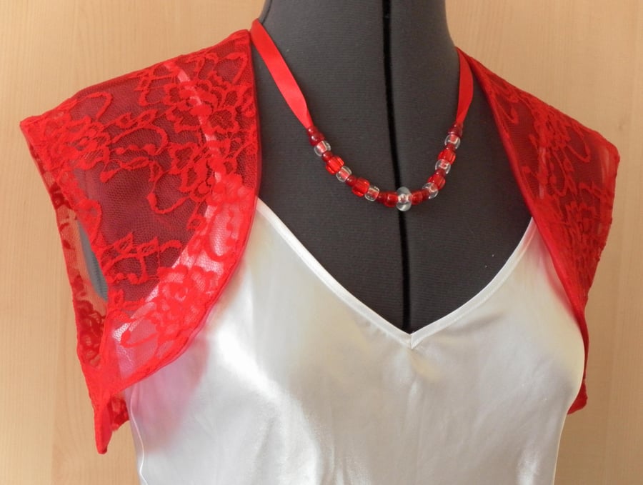  Red Lace Bolero, Shrug, evening jacket, sleeveless, wedding, 