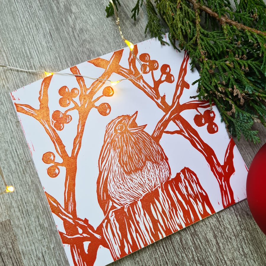 Hand printed linoprint Robin Christmas card