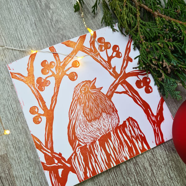 Hand printed linoprint Robin Christmas card