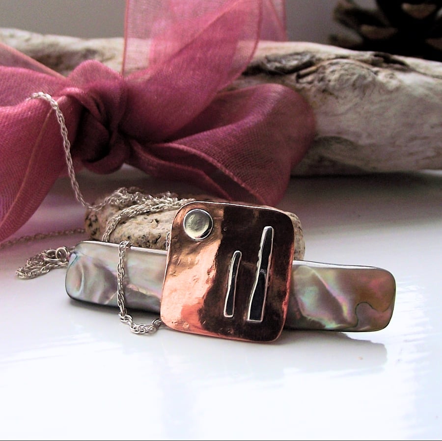 Silver and copper square pendant moon and standing stones