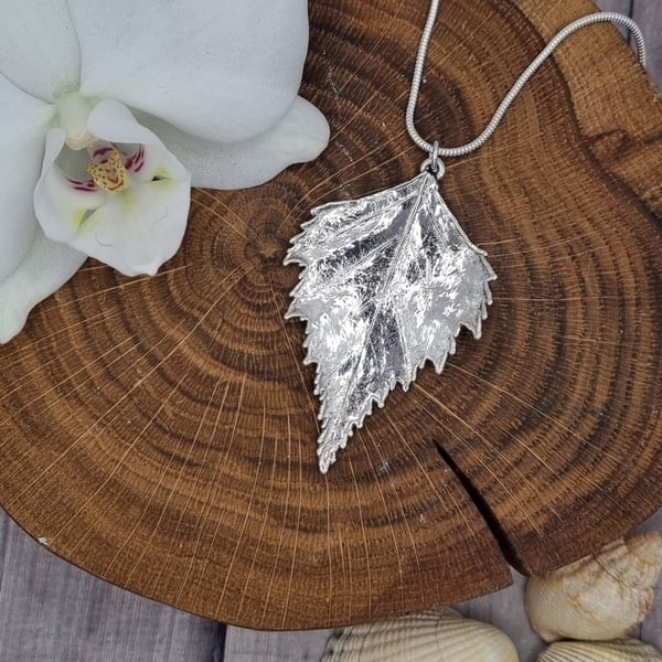 Real Birch leaf preserved in silver, pendant necklace