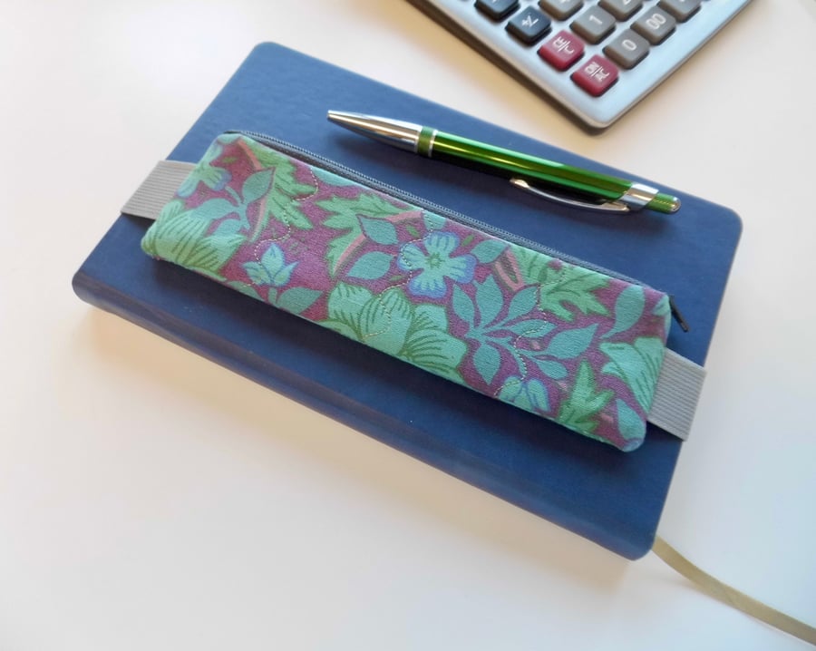  SOLD Elasticated pencil case for cover of book diary journal purple and green 