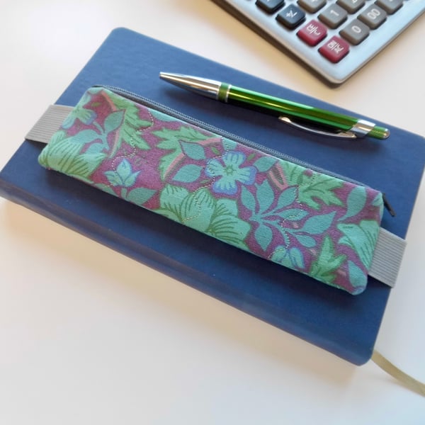  SOLD Elasticated pencil case for cover of book diary journal purple and green 
