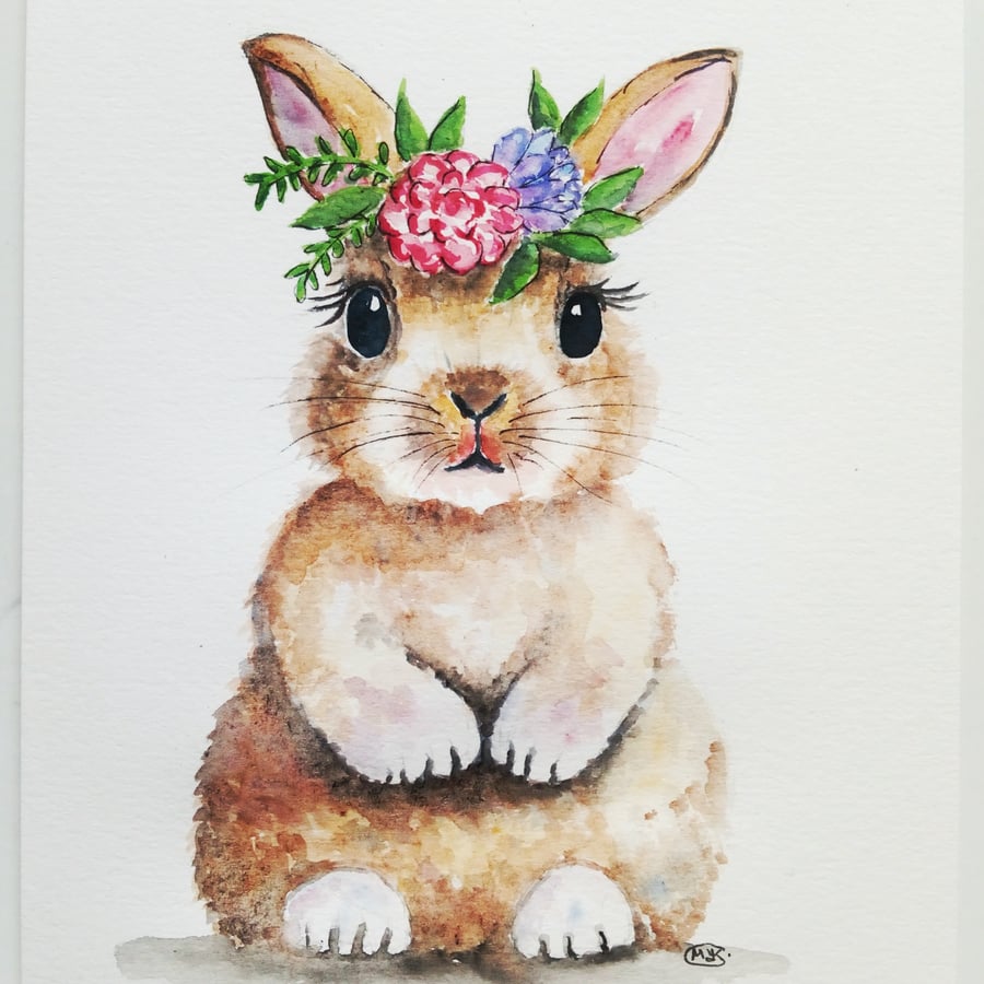 Cute Hare with Flower Crown.. Original painting