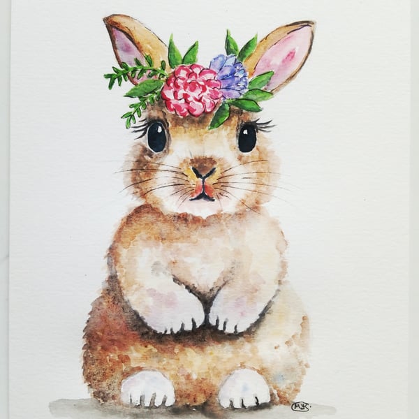 Cute Hare with Flower Crown.. Original painting