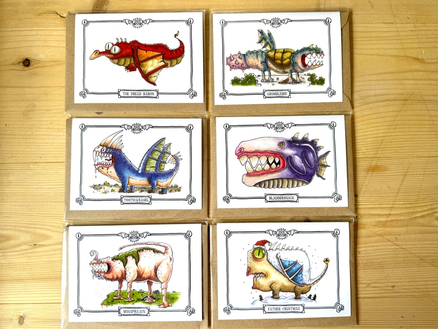 Pack of 6 Boblings Monster Greetings Cards Notelets - A6 - Version 2