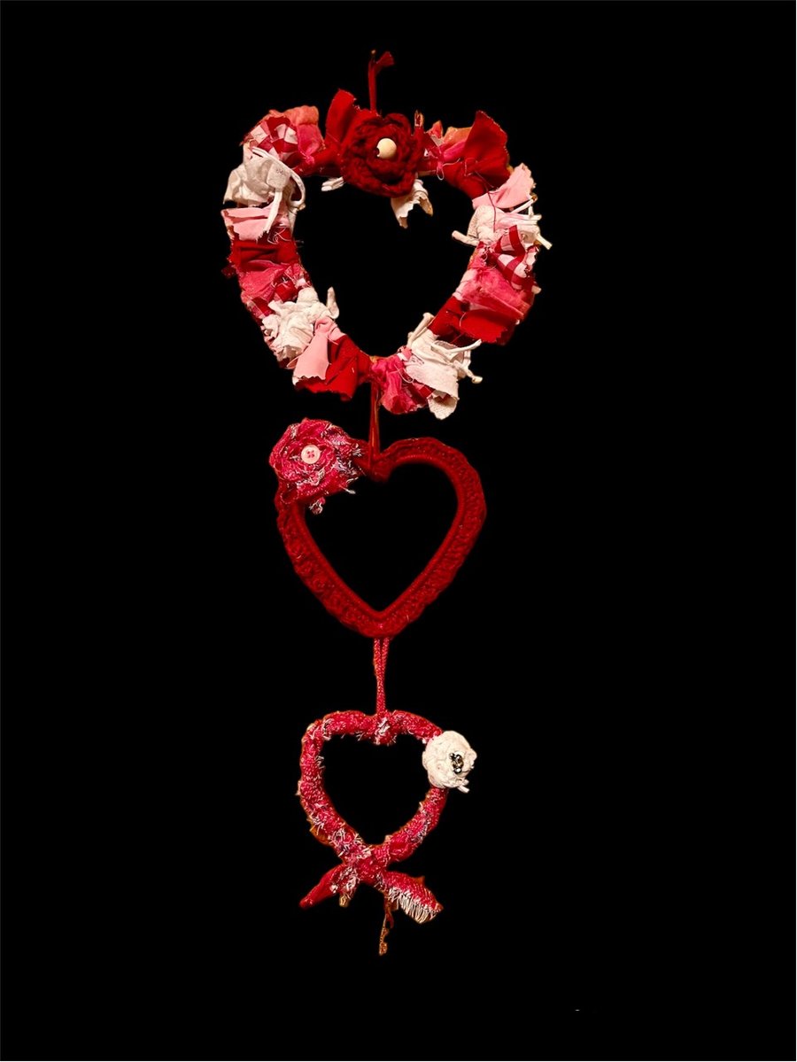 Triple Hanging Rag & Crochet Hearts with Rose Accents, Wall Hanging, Love Hearts