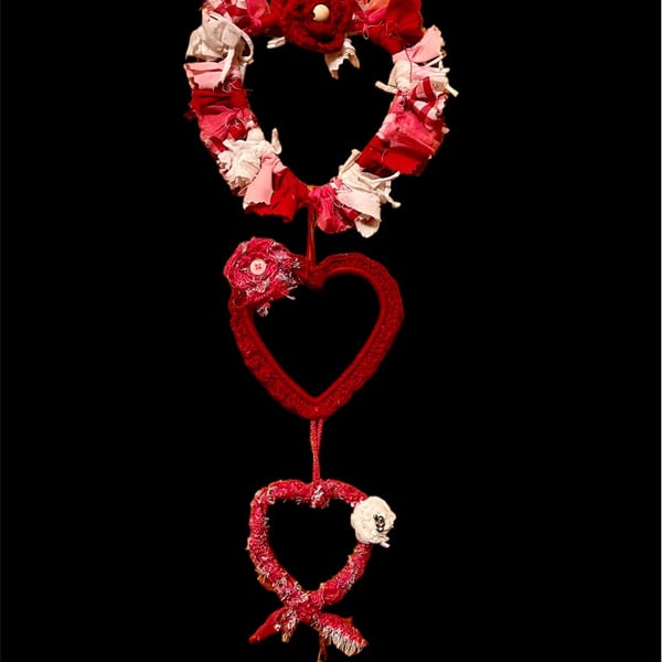 Triple Hanging Rag & Crochet Hearts with Rose Accents, Wall Hanging, Love Hearts