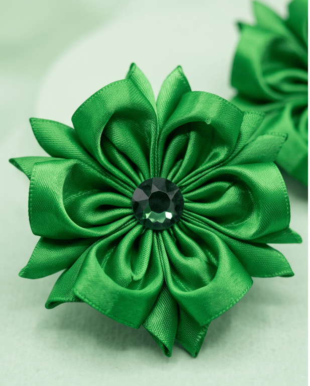 Forest Green Hair Slides with Rhinestone Centre - Elegant Satin Fabric Blooms