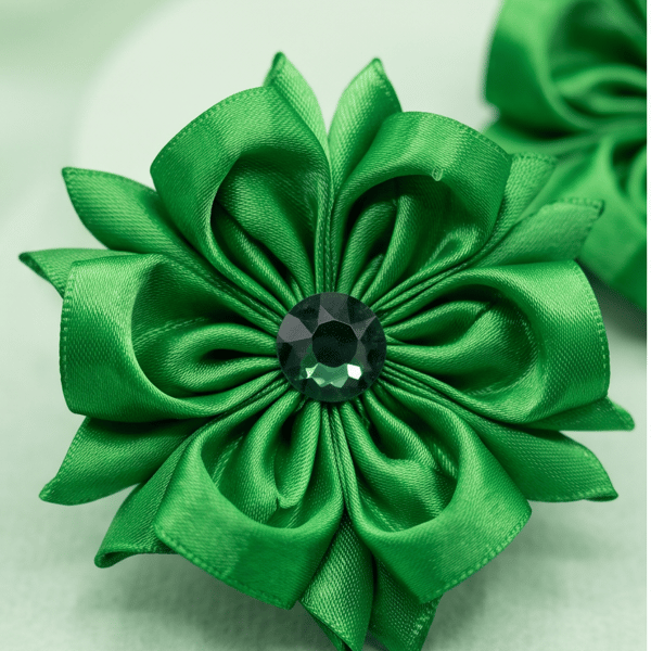 Forest Green Hair Slides with Rhinestone Centre - Elegant Satin Fabric Blooms