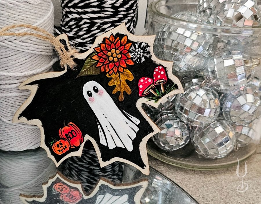 Autumn ghost - Hand-painted hanging leaf decoration