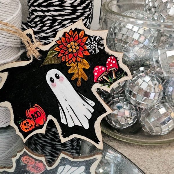 Autumn ghost - Hand-painted hanging leaf decoration