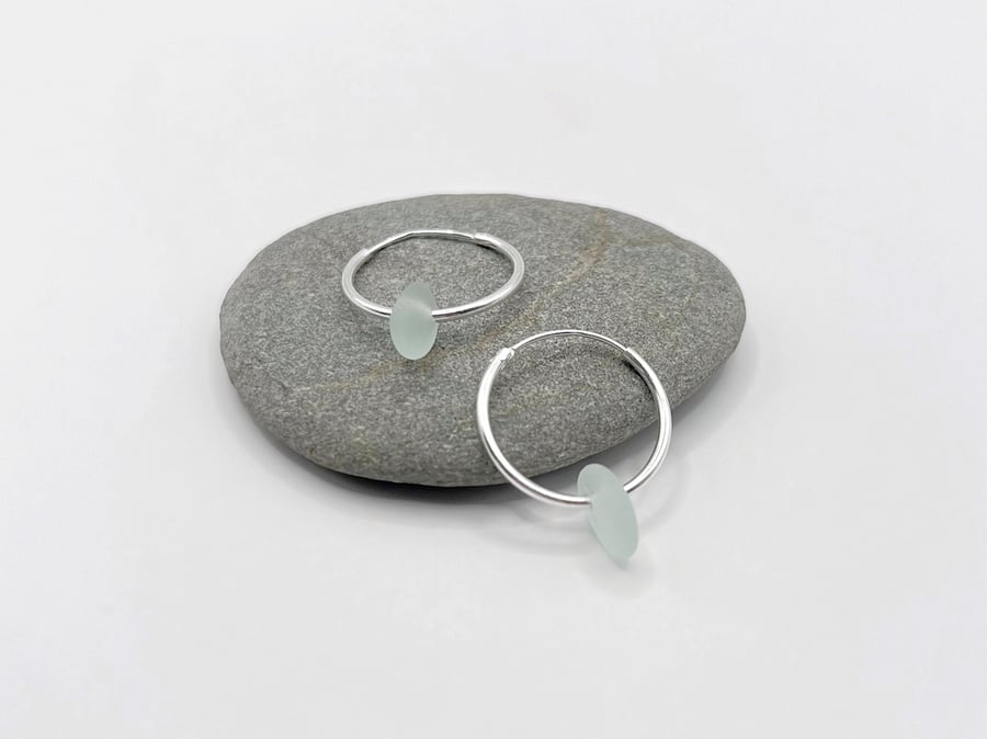 Cornish Sea Glass on 18mm or 30mm Hoop Earrings - Pale Sea Foam
