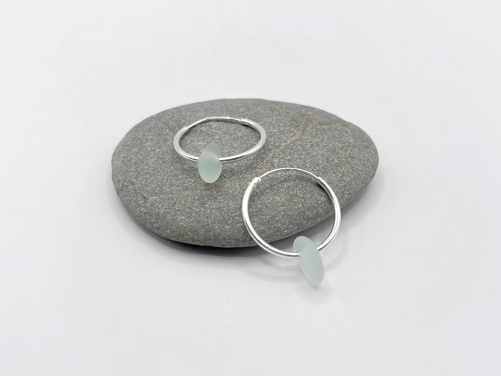 Cornish Sea Glass on 18mm or 30mm Hoop Earrings - Pale Sea Foam
