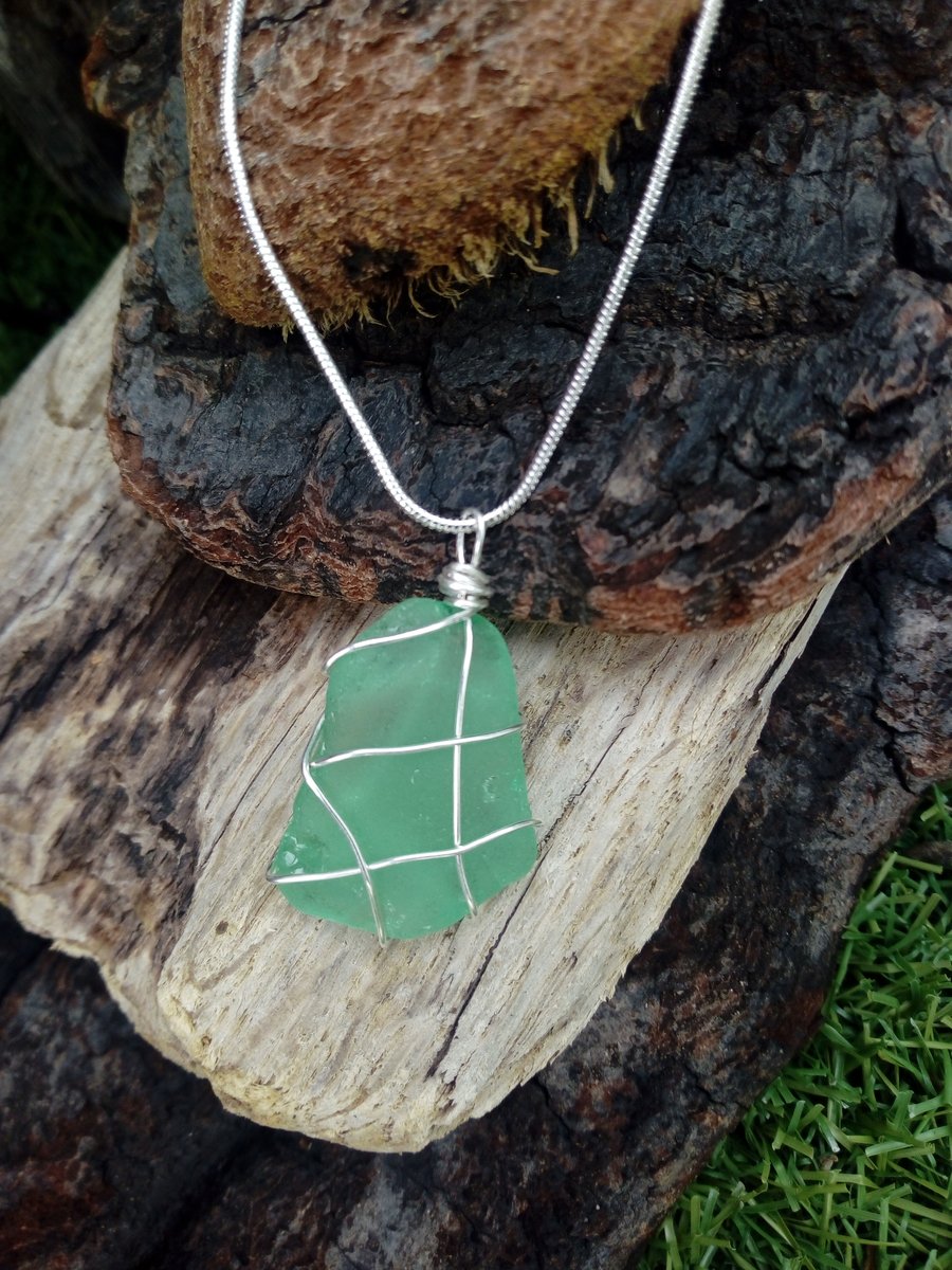 seaglass pendant on silver plated chain
