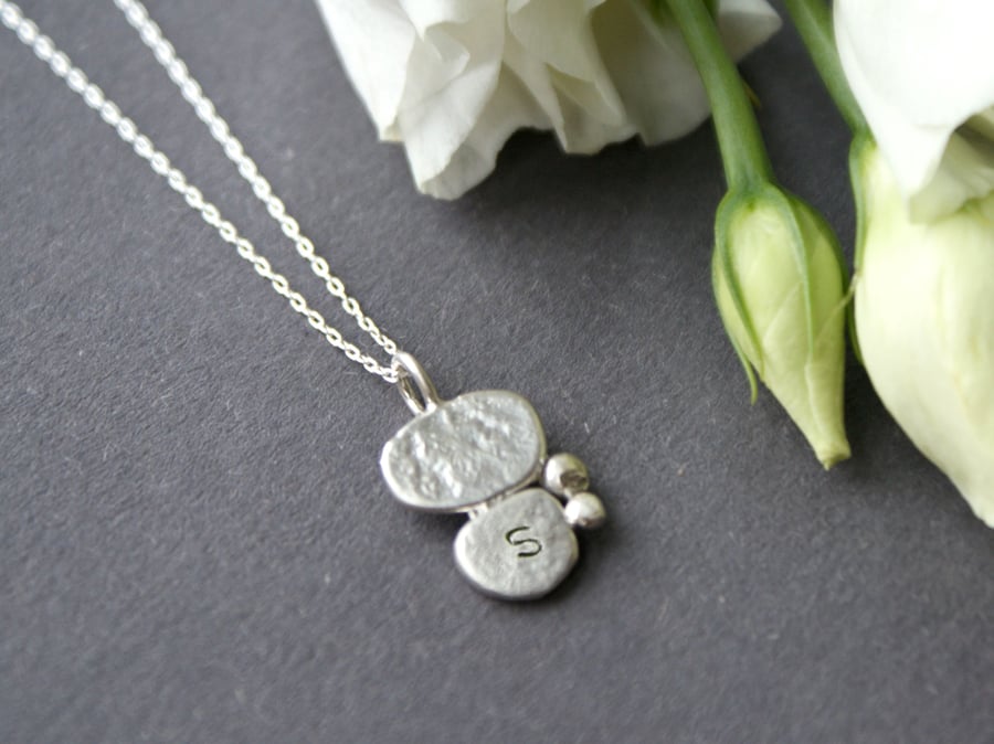 Recycled silver pebble initial necklace
