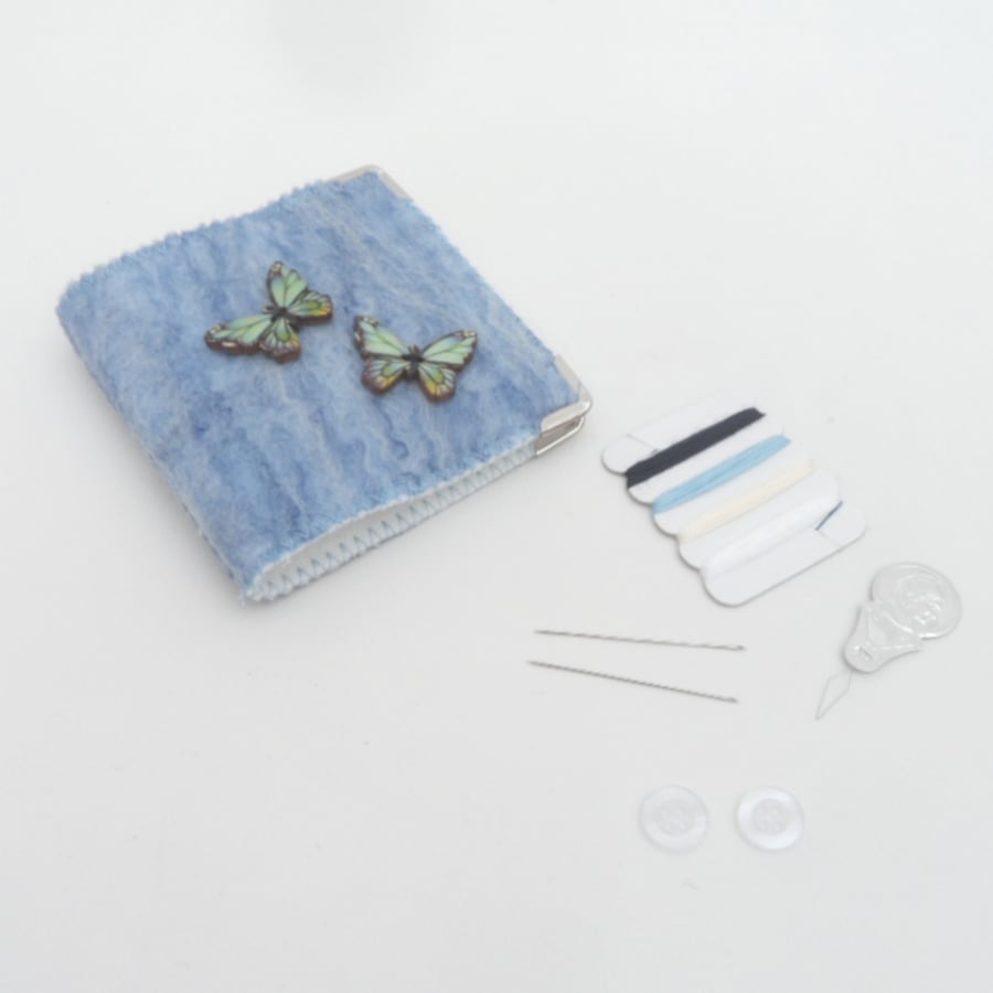 Blue Felted Needle book, sewing kit with accessories