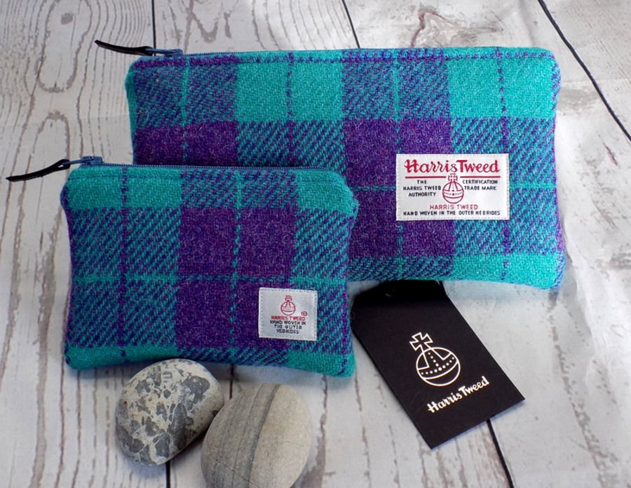 Harris Tweed gift set. Clutch and coin purse in purple and aqua