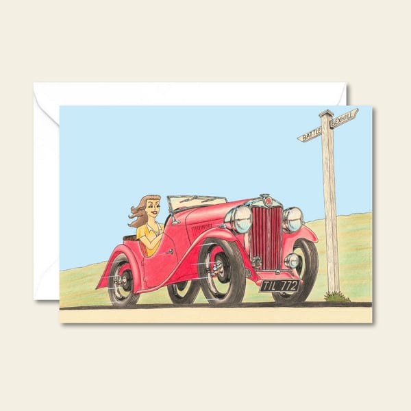 Forties Sports Car Card: Pencil Illustration of a Classic British Design