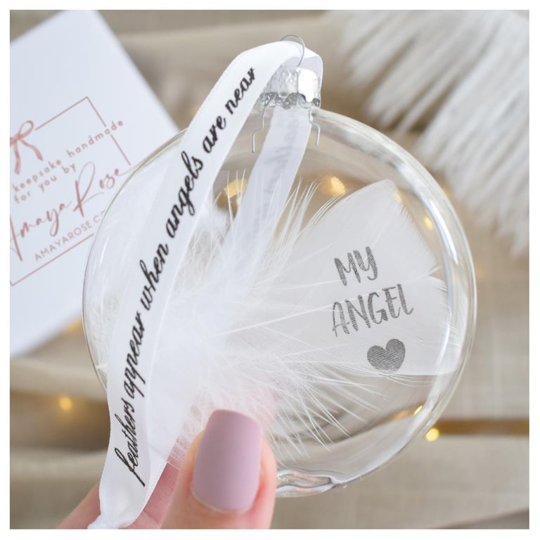 My Angel Memorial Round Feather Bauble, Round Glass Christmas Ornament, In Lovin