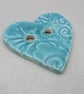 Medium Aqua Blue Brocade Texture Heart Shaped Ceramic Button - Image 4