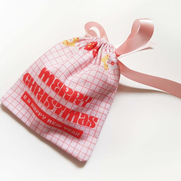 Retro pink and red handmade 'Merry Christmas' bauble gift pouch