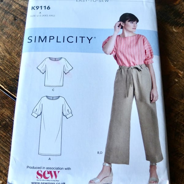 K9116 - Simplicity Easy to Sew Pattern Dress, Top, & Trousers XXS - XXL