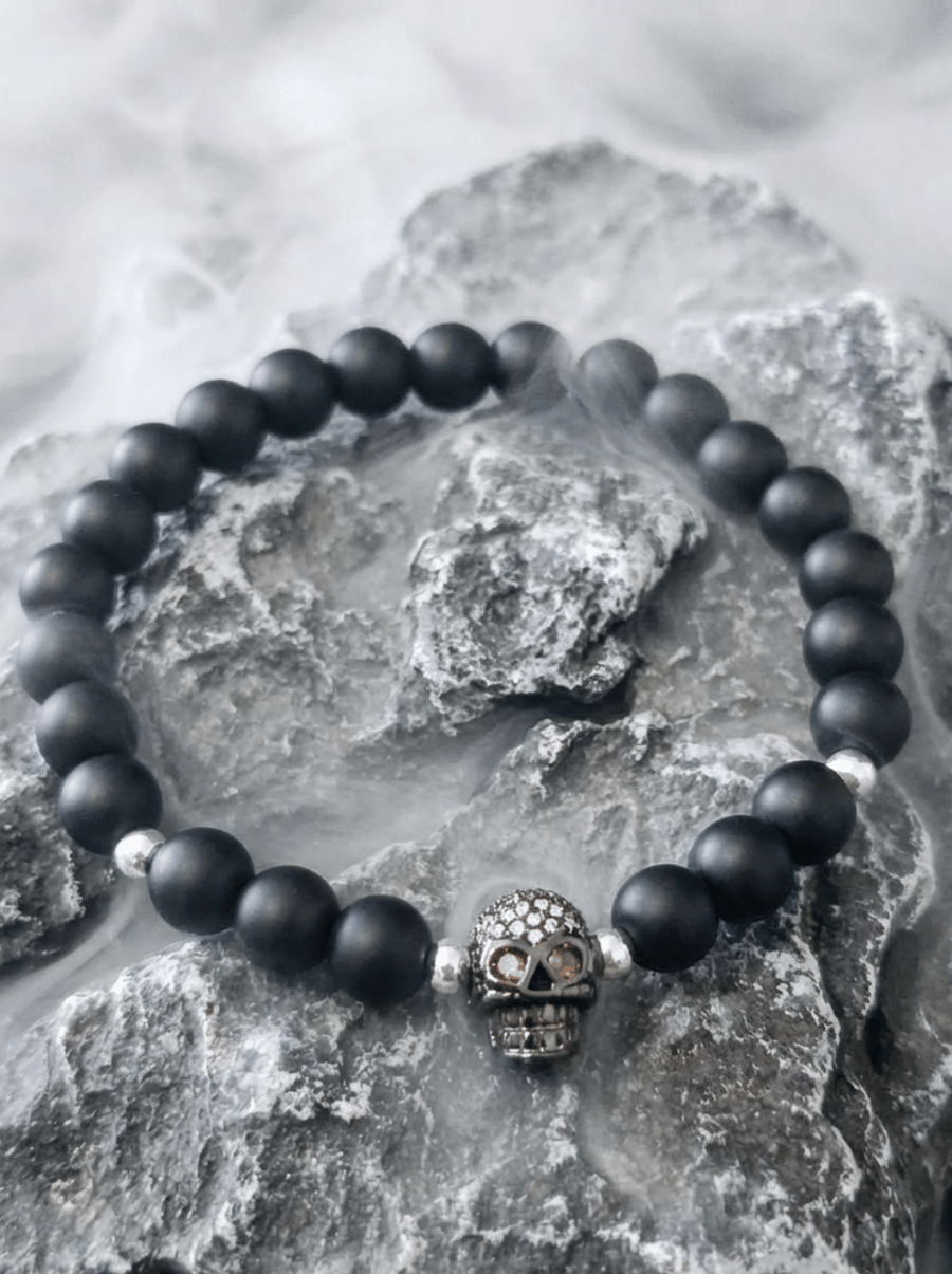 Black Skull Beaded Bracelet - Silver Plated Spacers