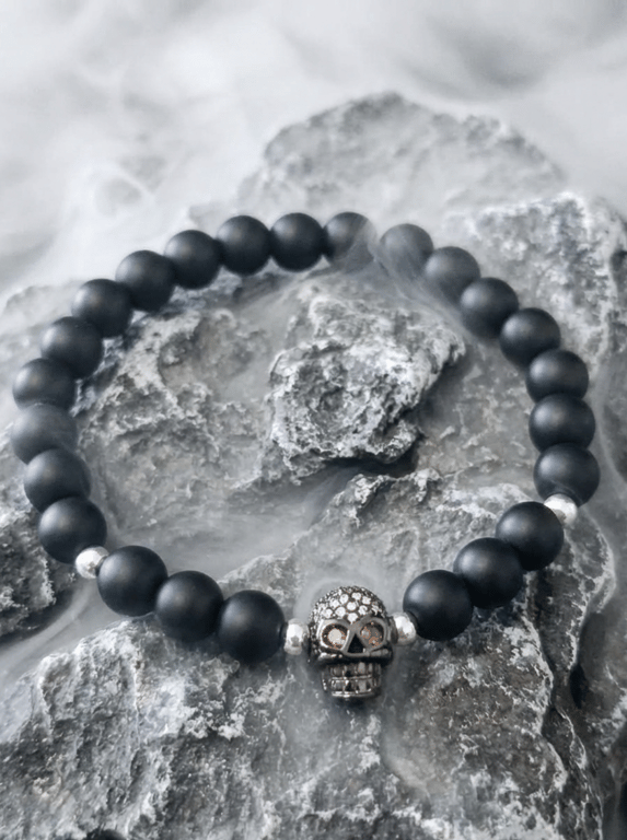 Black Skull Beaded Bracelet - Silver Plated Spacers