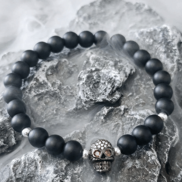 Black Skull Beaded Bracelet - Silver Plated Spacers