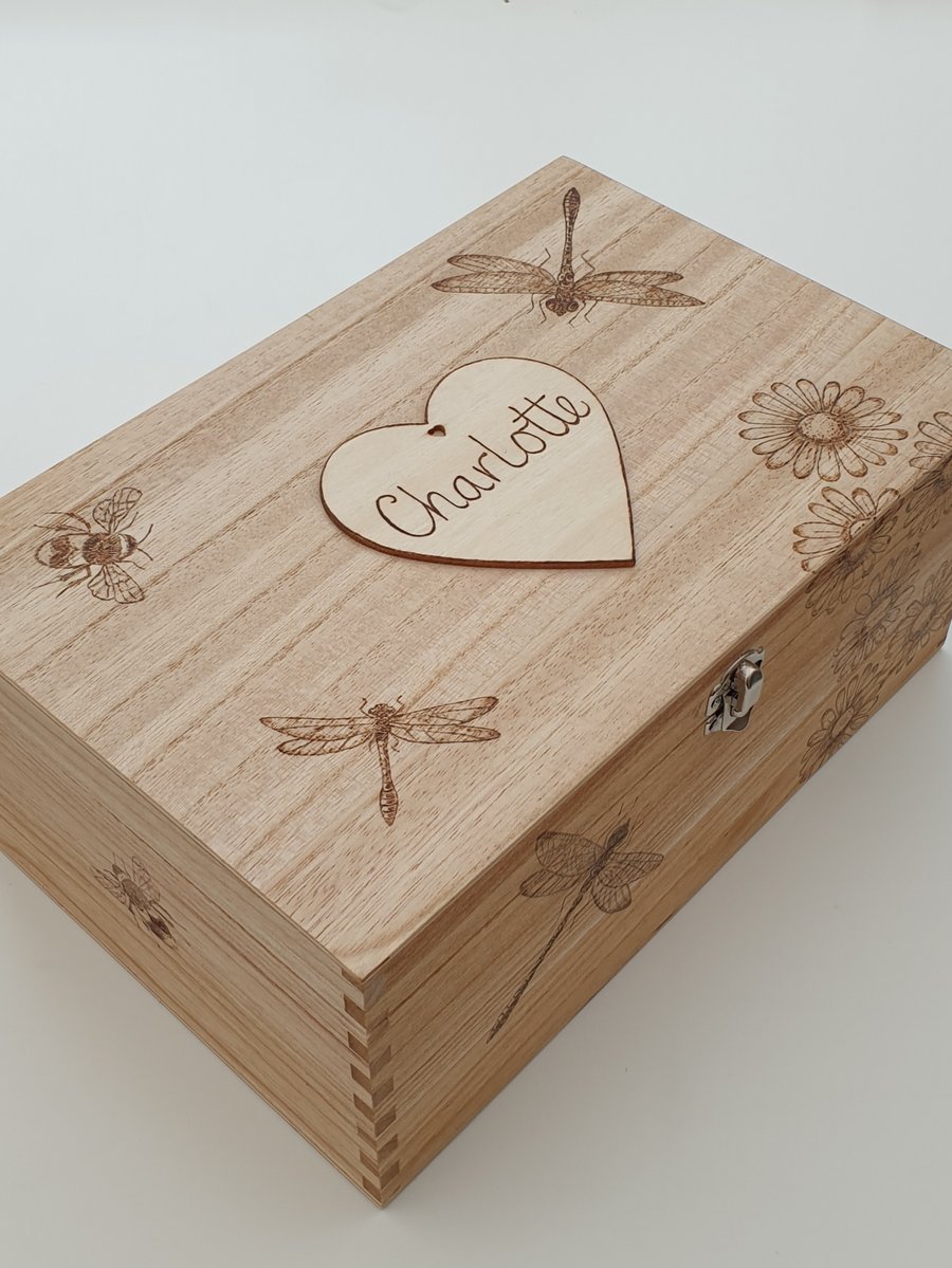 Personalise your way  pyrography dragonfly design wooden keepsake or memory box 