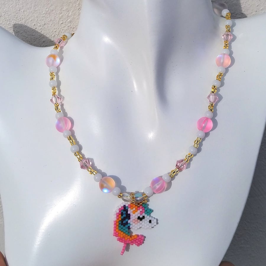 Beaded Pink Unicorn Pink Choker 14-16 Inch 